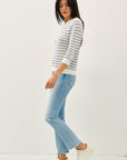 STRIPED OPEN STITCH 3/4 SLEEVE SWEATER