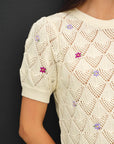 EMBROIDERED CROCHET PUFF SLEEVE SWEATER