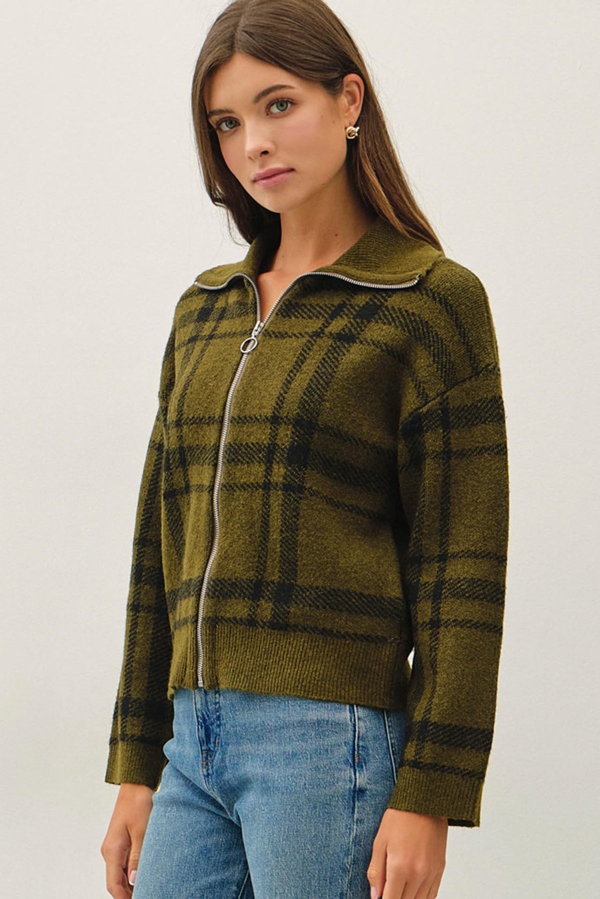 PLAID ZIP UP SWEATER JACKET