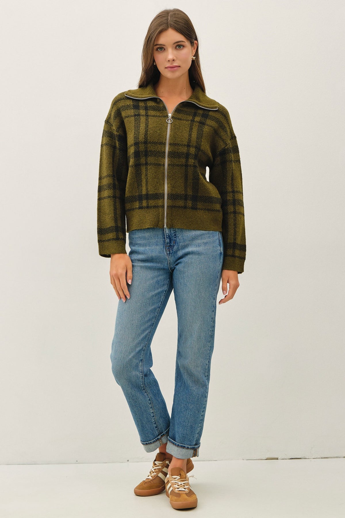 PLAID ZIP UP SWEATER JACKET