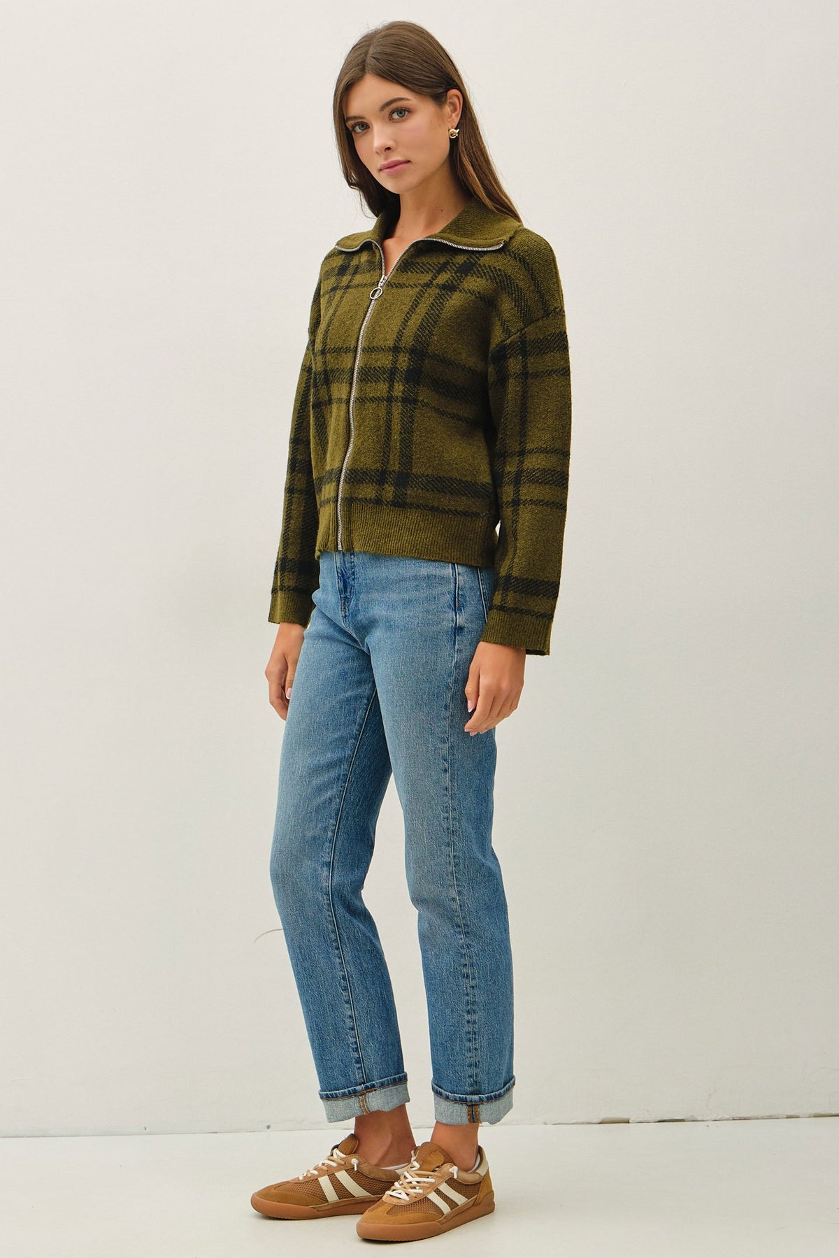 PLAID ZIP UP SWEATER JACKET