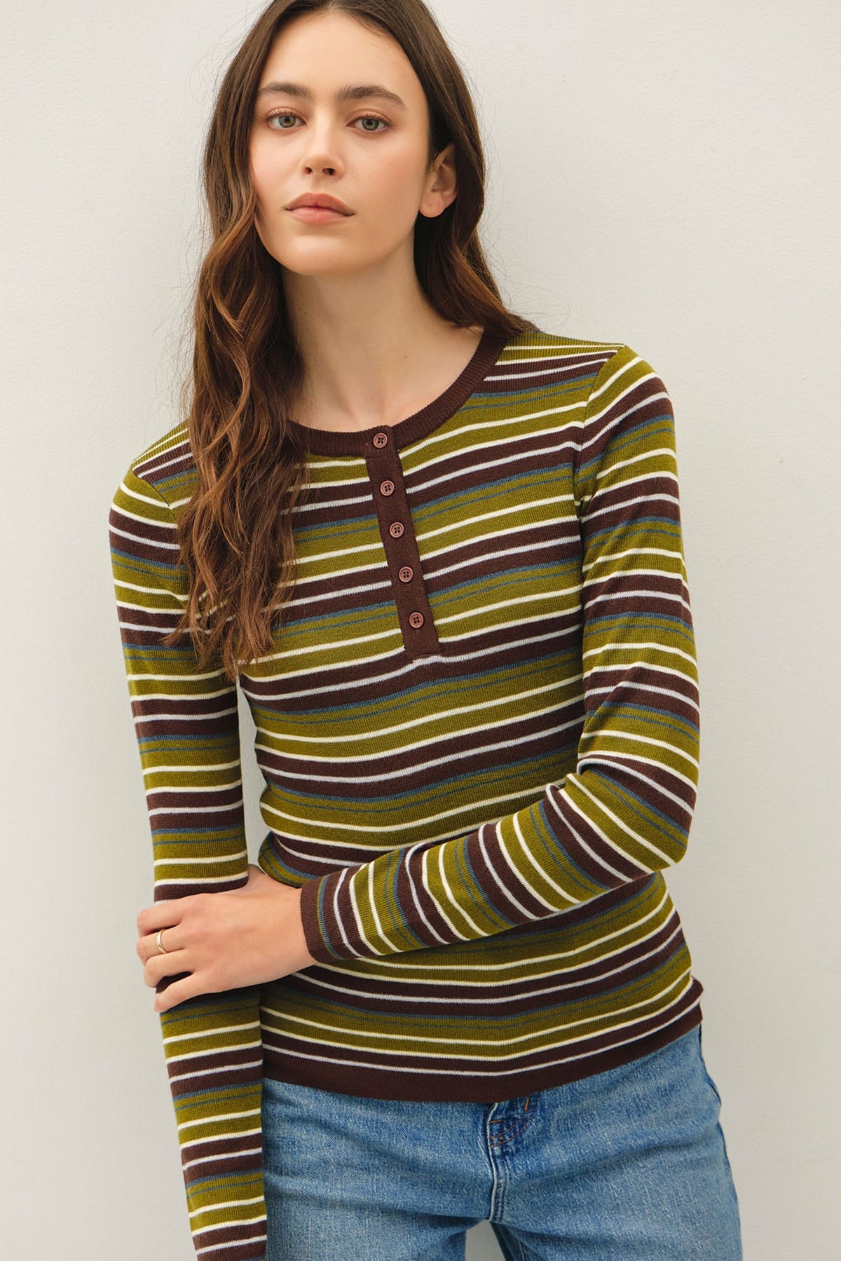 STRIPED HENLEY FINE KNIT SWEATER