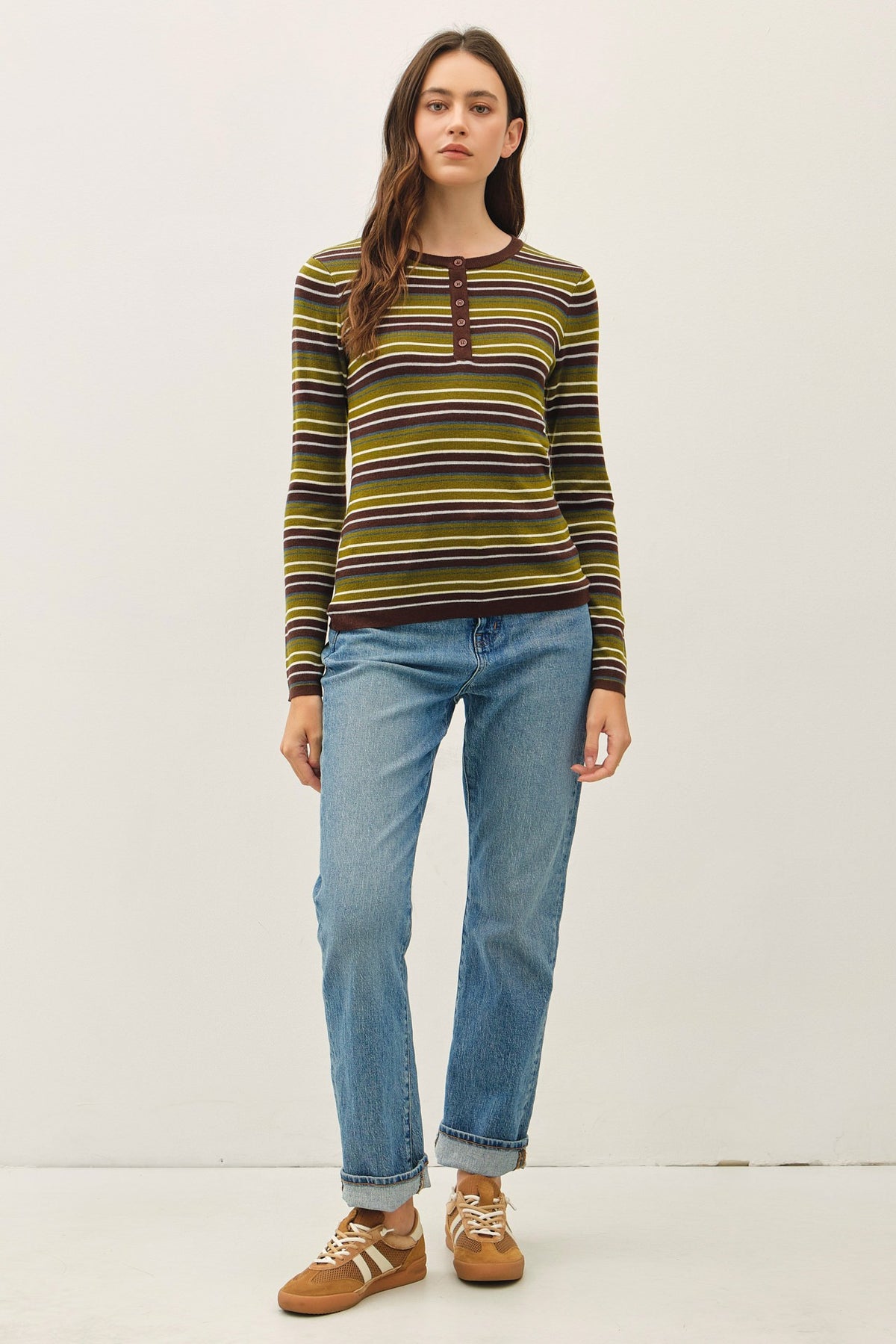 STRIPED HENLEY FINE KNIT SWEATER