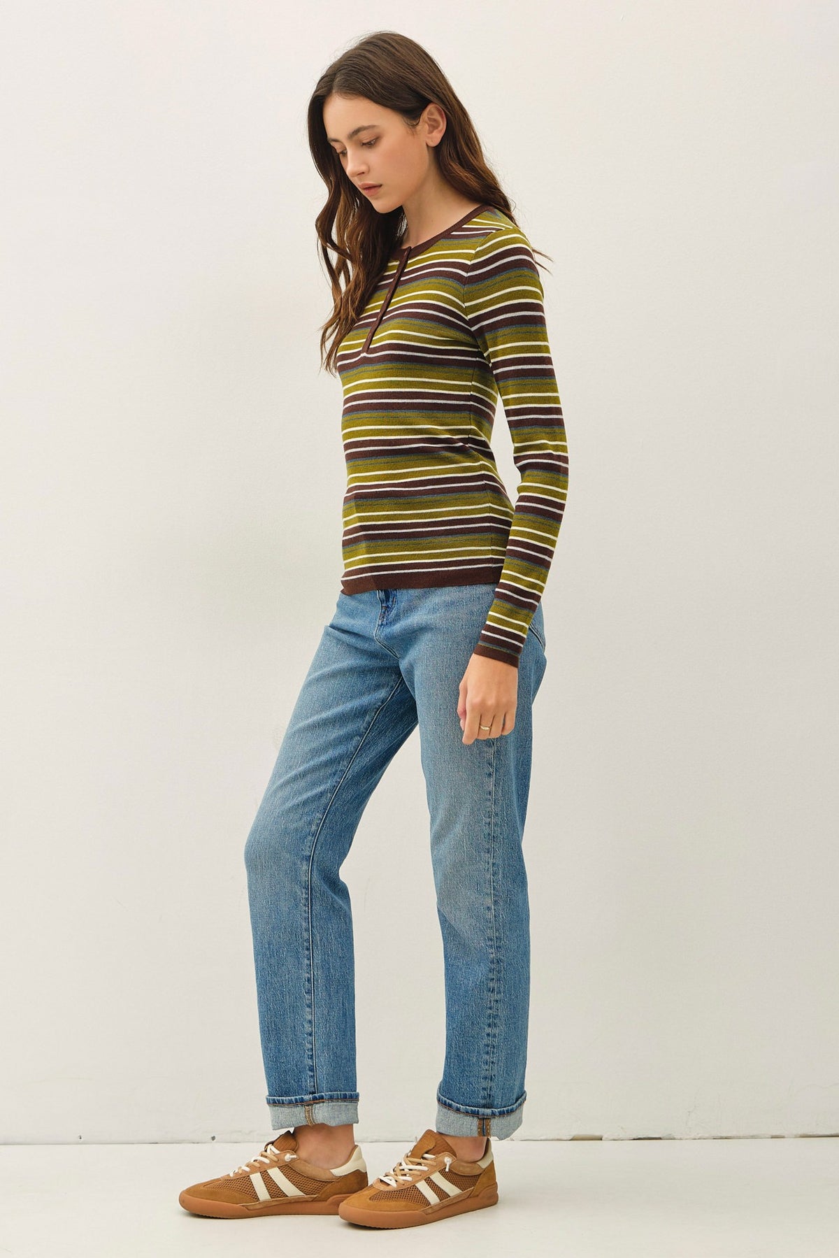 STRIPED HENLEY FINE KNIT SWEATER