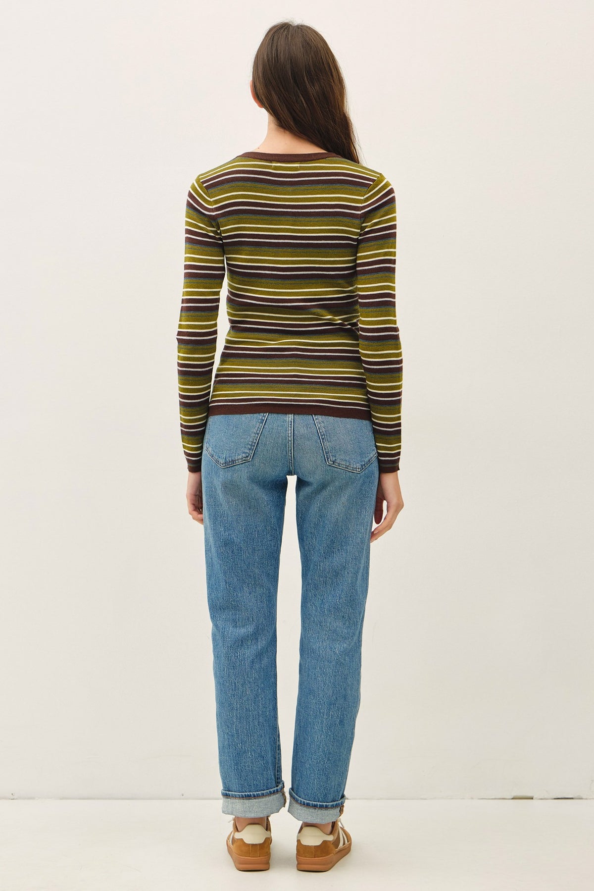 STRIPED HENLEY FINE KNIT SWEATER