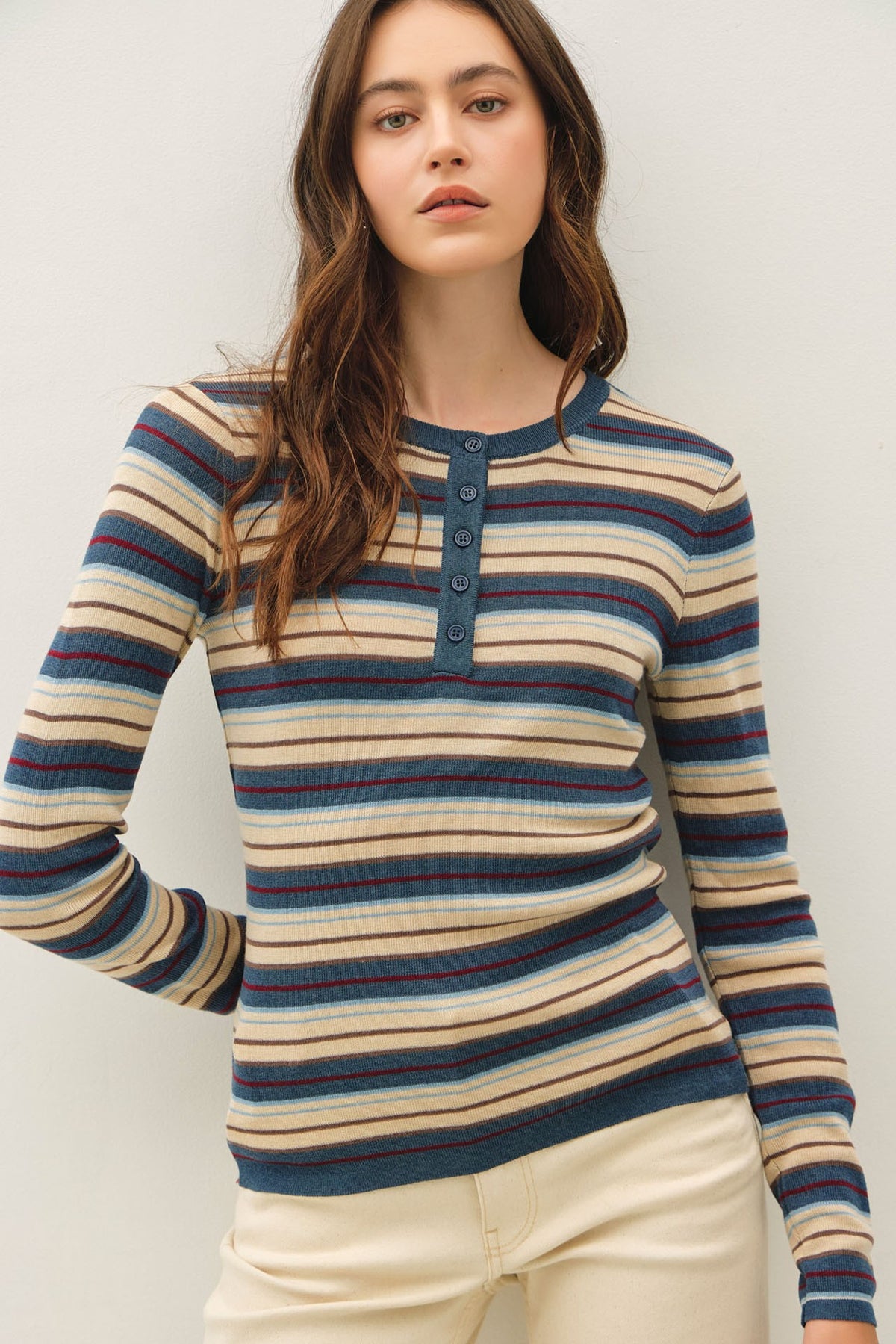 STRIPED HENLEY FINE KNIT SWEATER