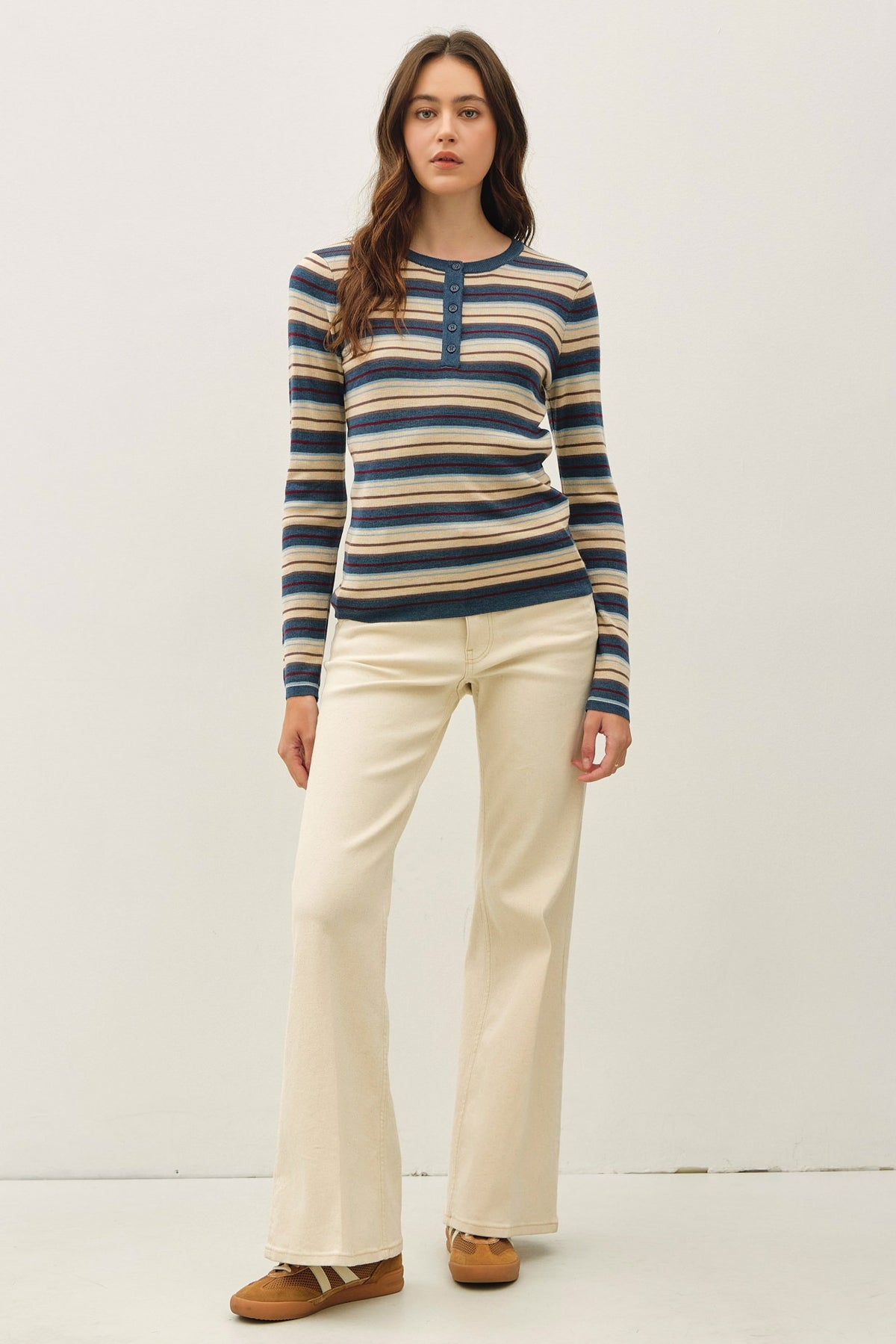 STRIPED HENLEY FINE KNIT SWEATER