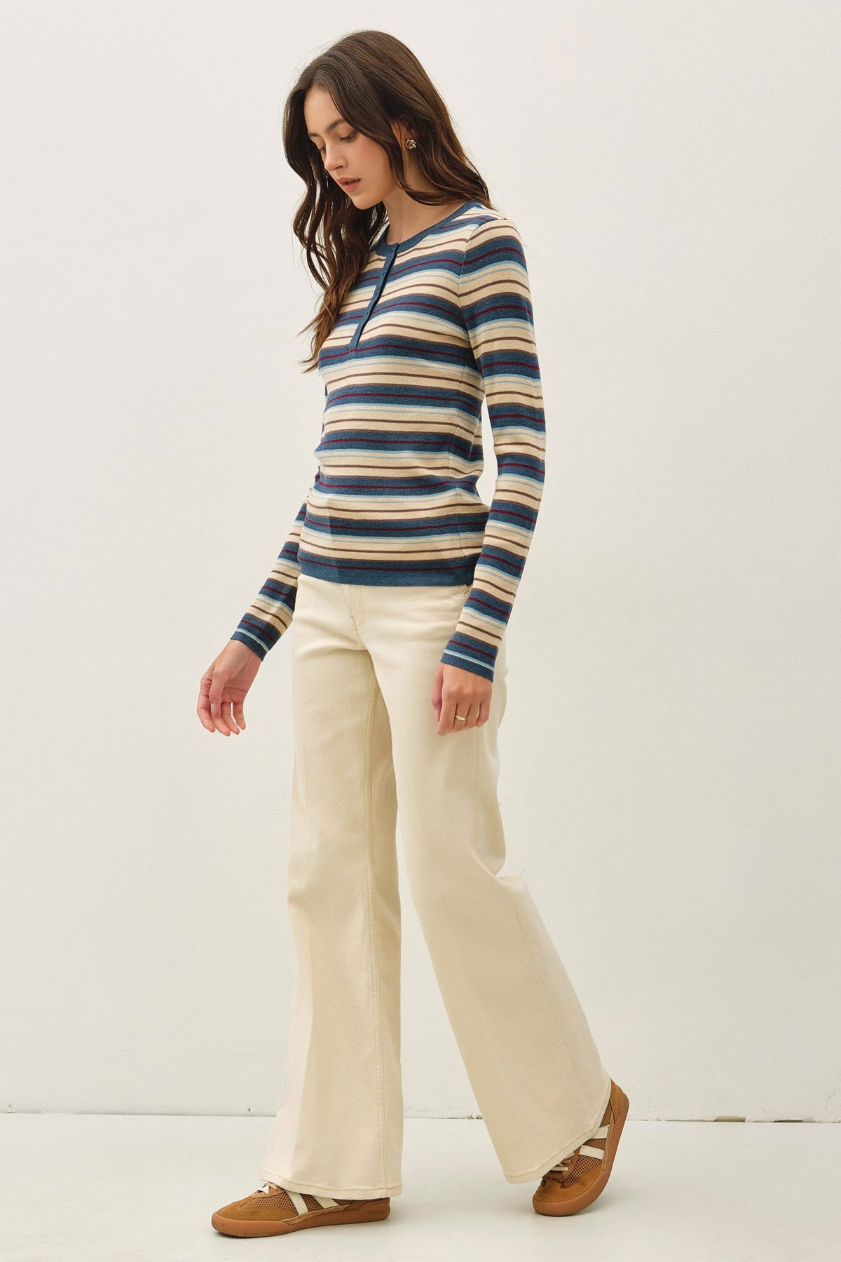 STRIPED HENLEY FINE KNIT SWEATER