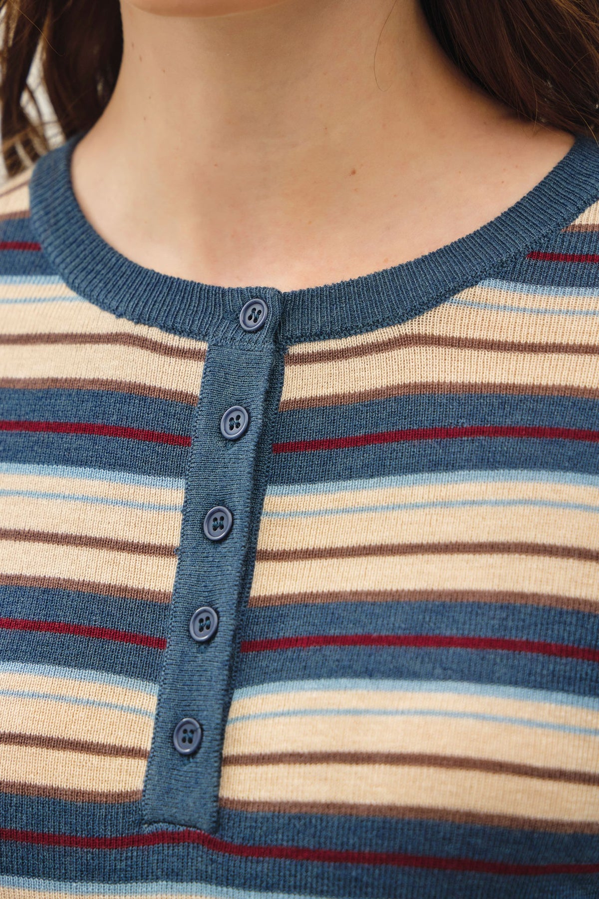 STRIPED HENLEY FINE KNIT SWEATER