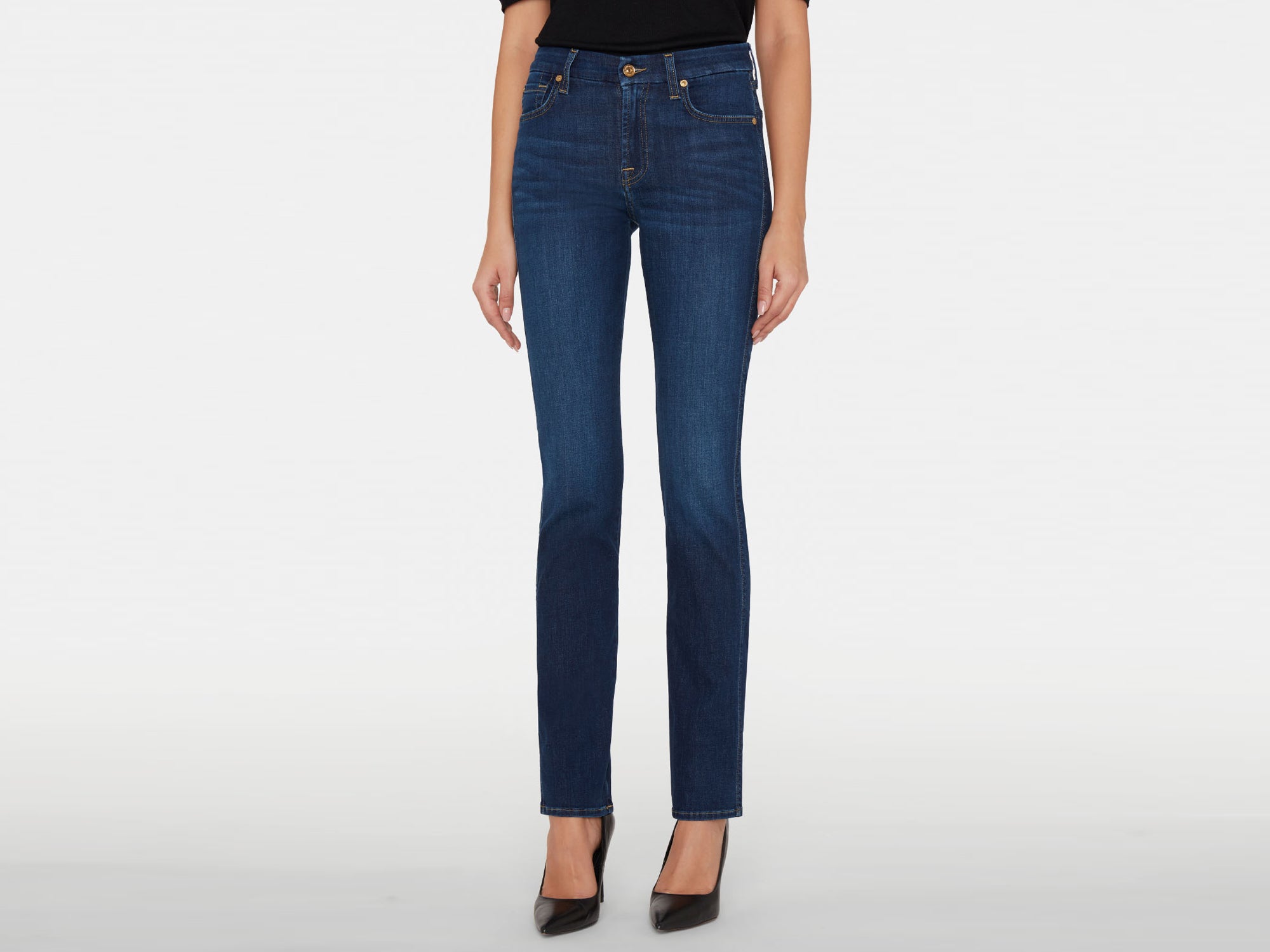 7 for all mankind kimmie mid rise straight mid blue front