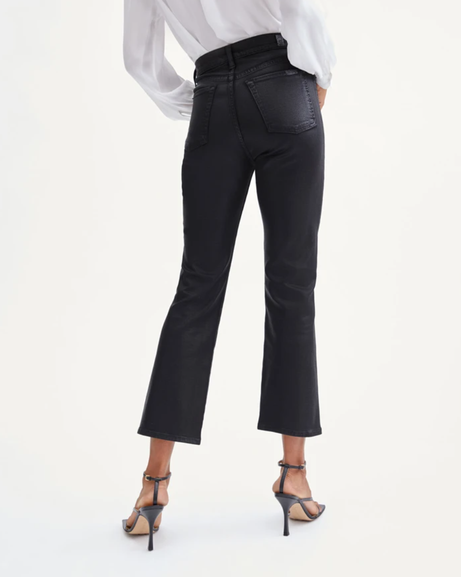 waist down rear view of 7 for all mankind's high waist slim kick coated pant in black 