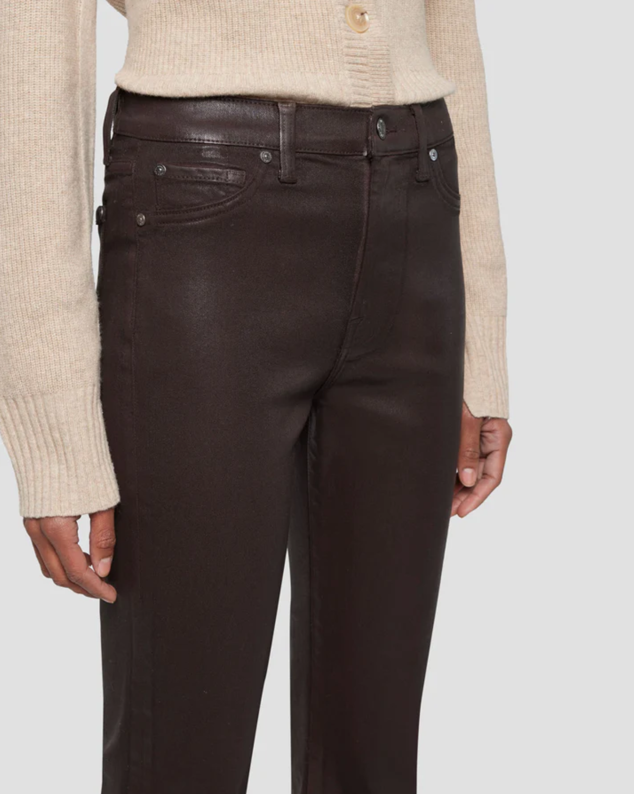 waistline close up of 7 for all mankind's high waist slim kick coated pant in chocolate brown