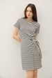 LINEN BLEND STRIPED FAUX WRAP SHORT SLEEVE DRESS