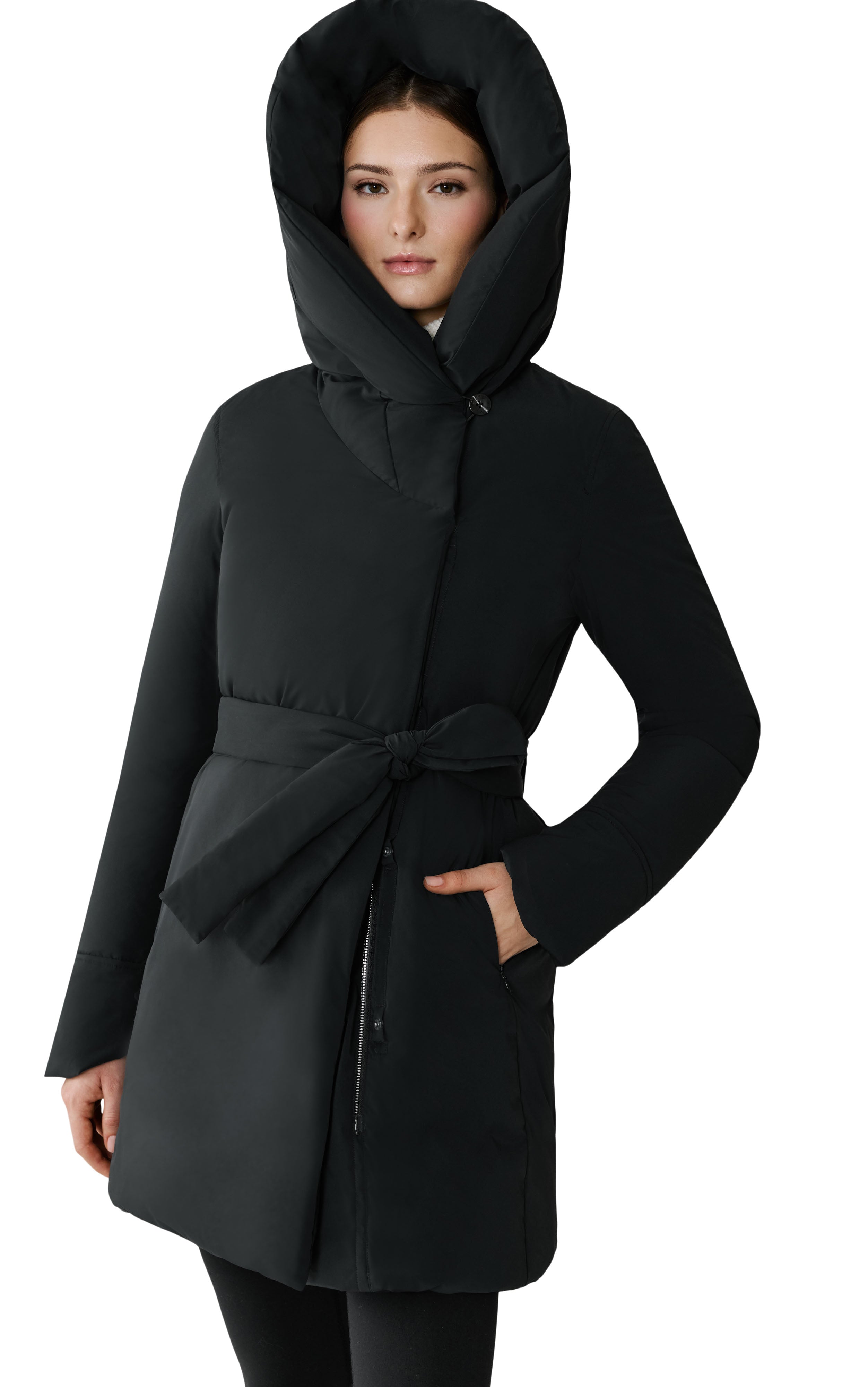Black hooded coat worn by a woman on a white background