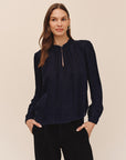 SHADOW SATIN GINGHAM SHIRRED PULLOVER