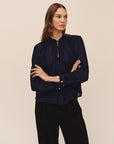 SHADOW SATIN GINGHAM SHIRRED PULLOVER