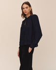 SHADOW SATIN GINGHAM SHIRRED PULLOVER