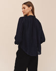 SHADOW SATIN GINGHAM SHIRRED PULLOVER