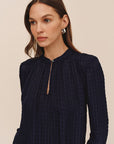 SHADOW SATIN GINGHAM SHIRRED PULLOVER