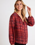 BLURRED PLAID SHIRRED NECK BLOUSE