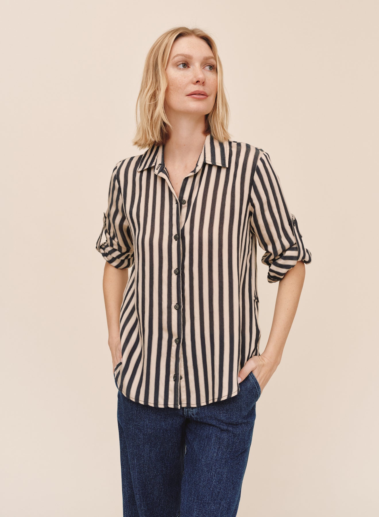 *COMING SOON* STRIPE SPLIT BACK BUTTON DOWN SHIRT
