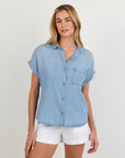 TENCEL DENIM SHORT SLEEVE POCKET BUTTON DOWN SHIRT