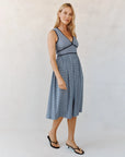 MICRO GINGHAM FIT & FLARE V-NECK MIDI DRESS