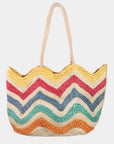 MULTI COLOUR CHEVRON JUTE TOTE WITH TASSEL