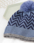 CHEVRON TOQUE WITH FAUX FUR POMPOM