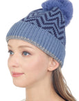 CHEVRON TOQUE WITH FAUX FUR POMPOM