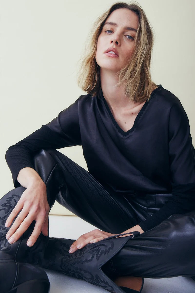 CINDY SATIN &amp; RIB LONG SLEEVE TOP