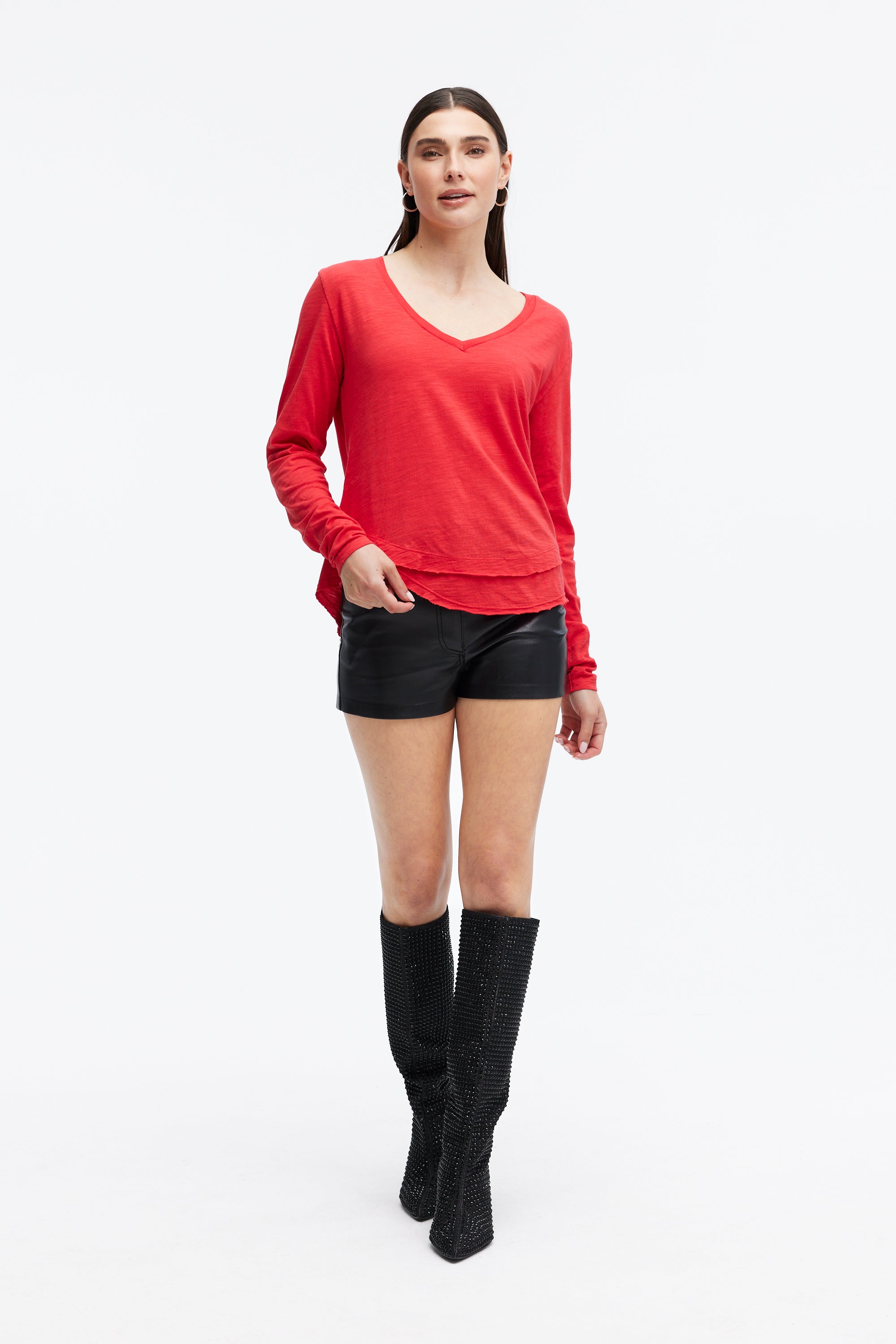 AVA V-NECK MOCK LAYER LONG SLEEVE TEE