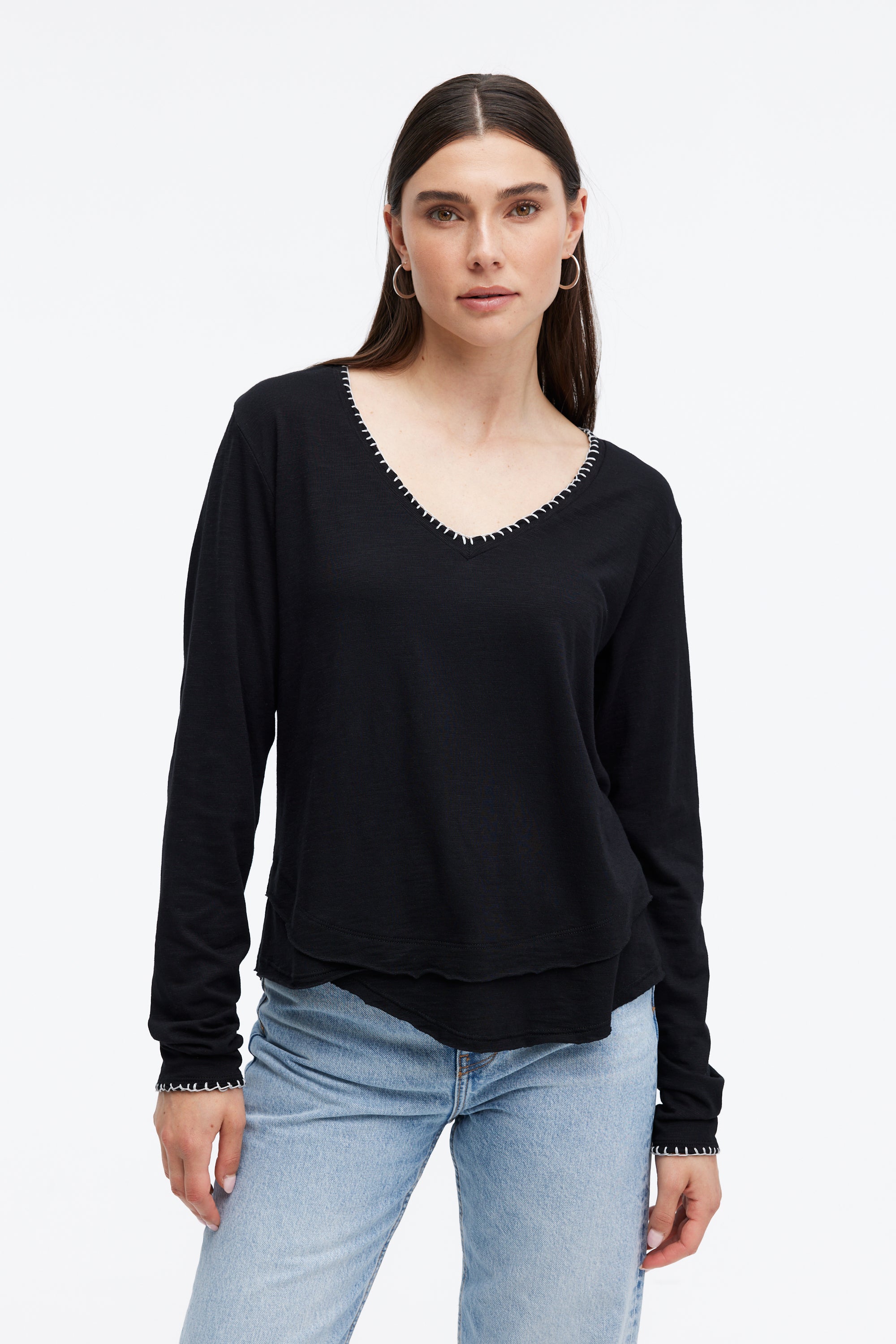 AVA WHIPSTITCH V-NECK MOCK LAYER LONG SLEEVE TEE