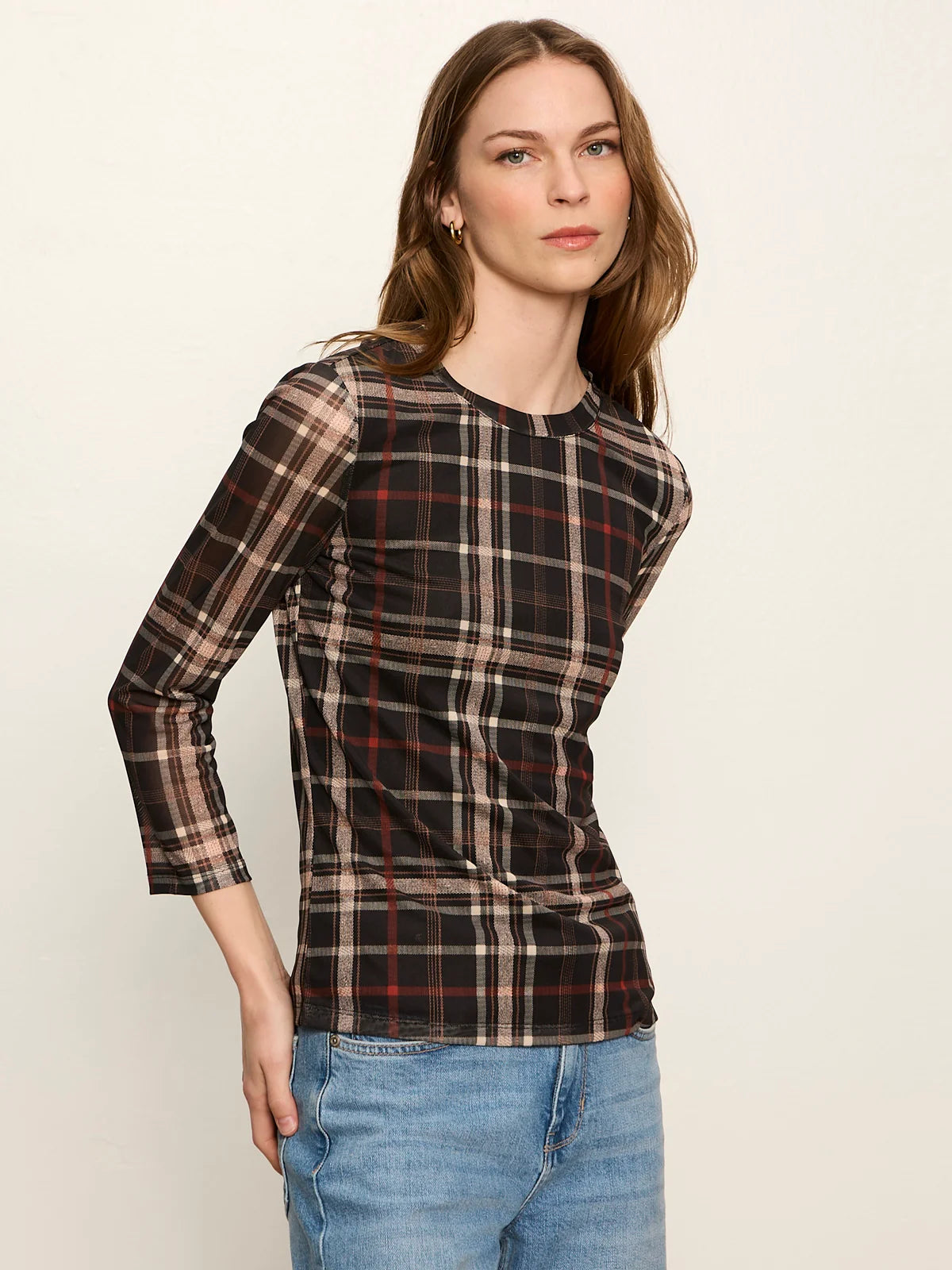 PLAID MESH 3/4 SLEEVE TOP