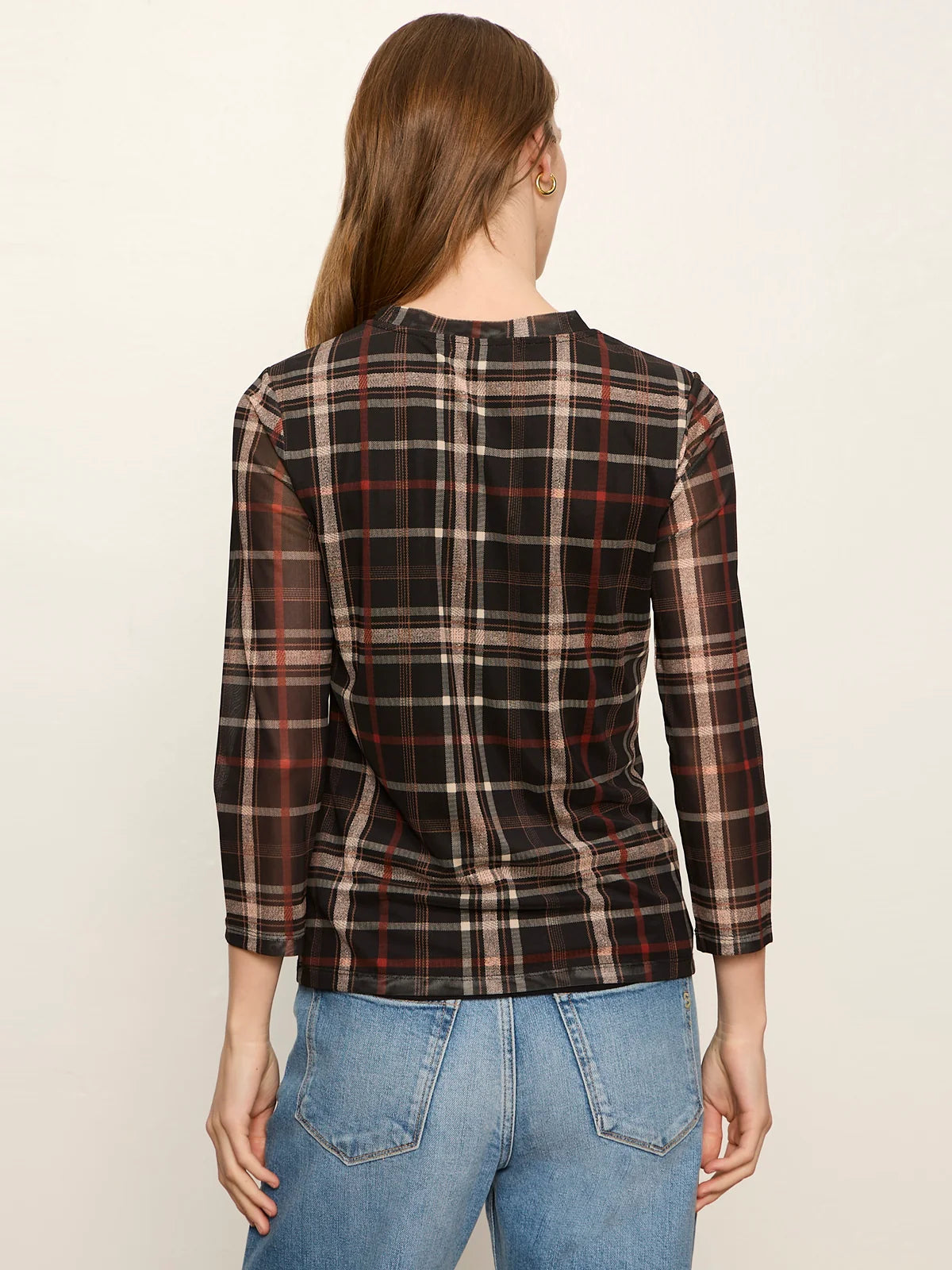 PLAID MESH 3/4 SLEEVE TOP