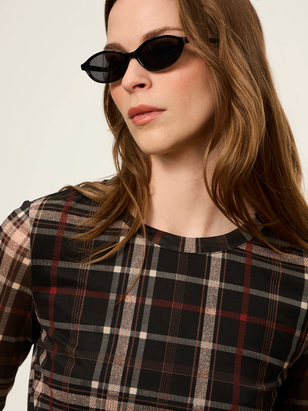 PLAID MESH 3/4 SLEEVE TOP