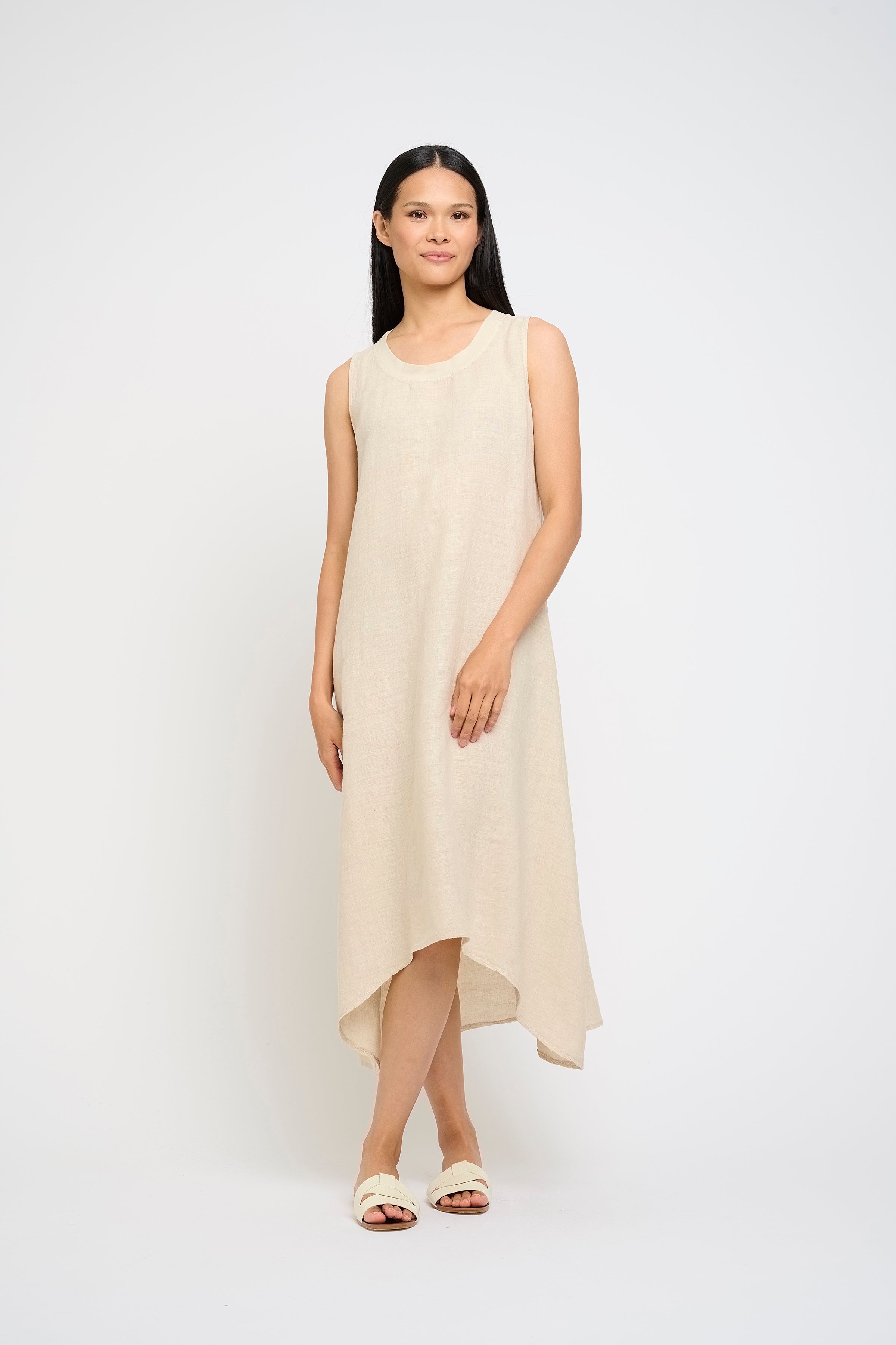 SLEEVELESS MAXI LINEN DRESS WITH COTTON TRIM