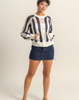 STRIPED OPEN STITCH SWEATER WITH KANGAROO POCKET