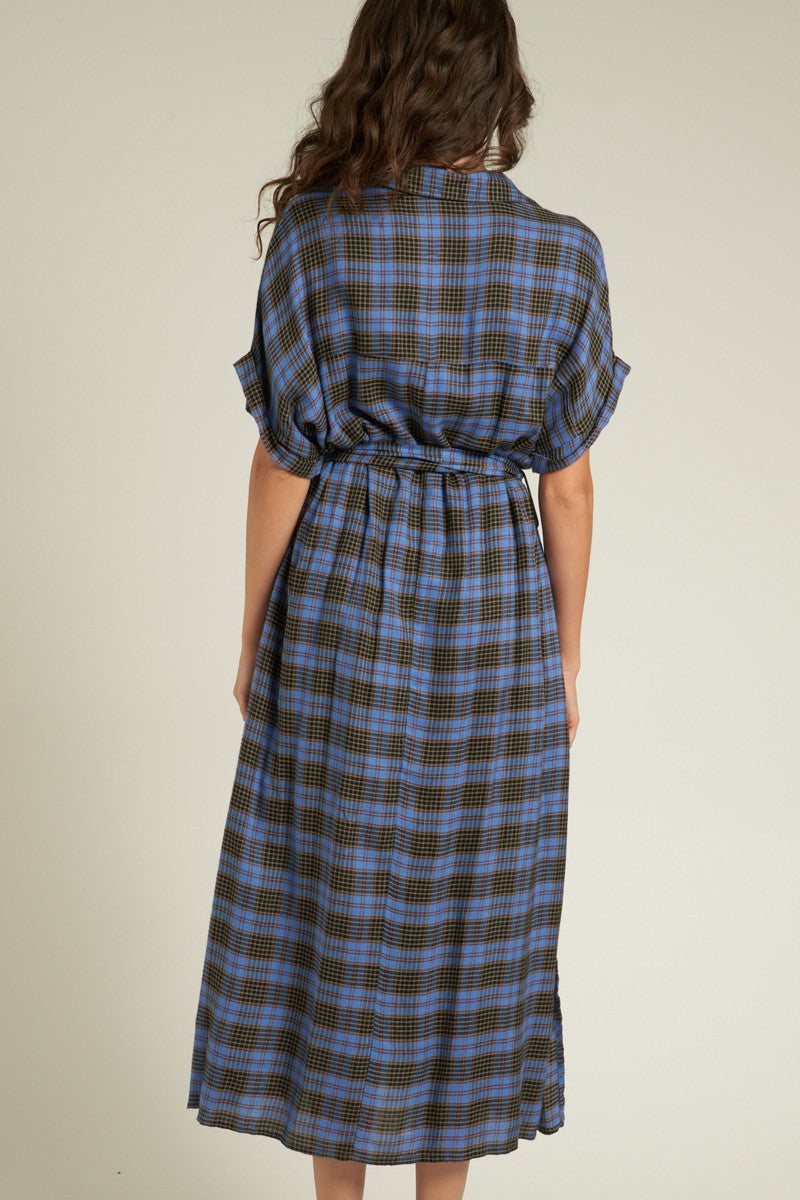 SHORT SLEEVE BELTED PLAID DRESS WITH POCKETS