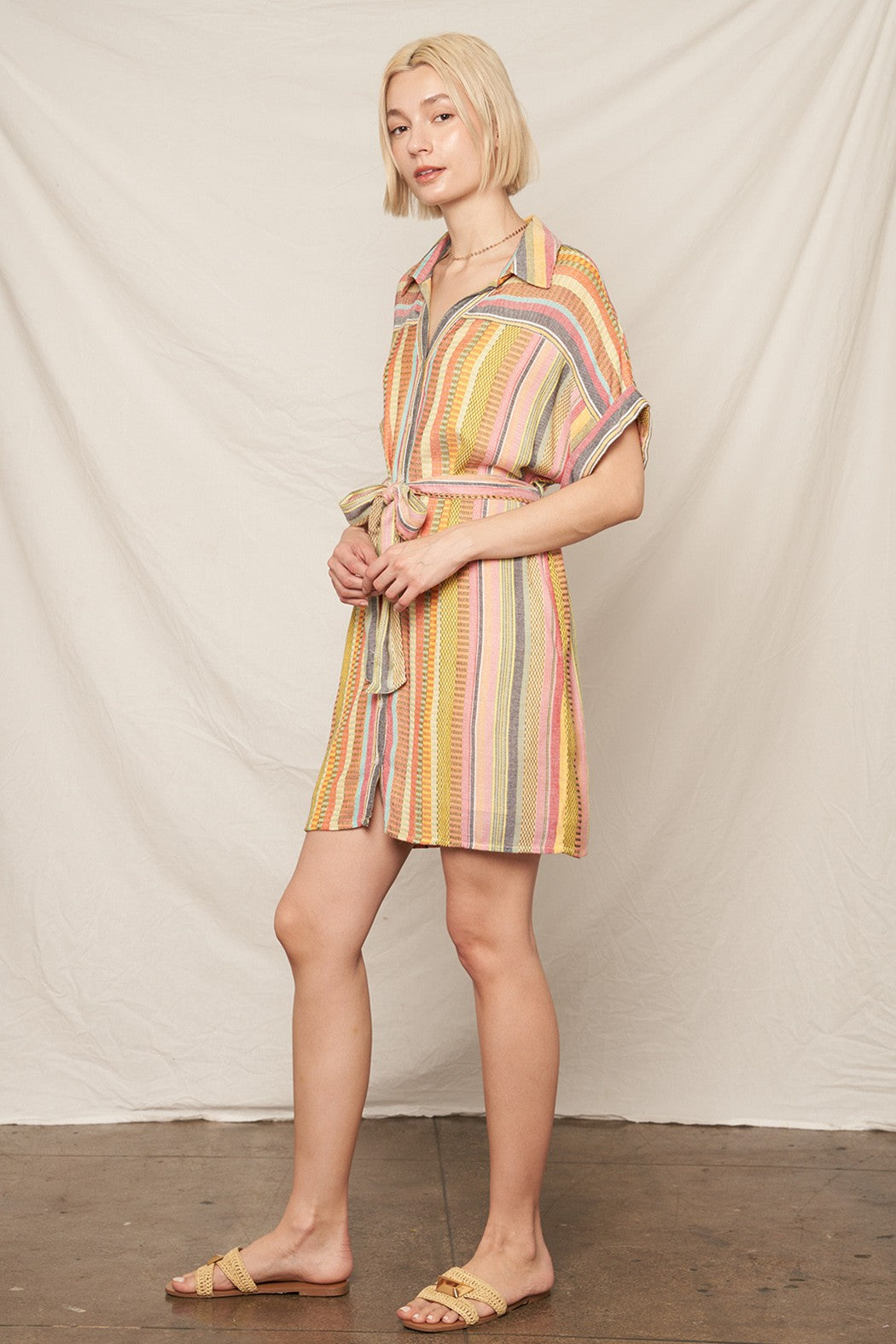 MIXED STRIPE SHORT SLEEVE SHIRT DRESS