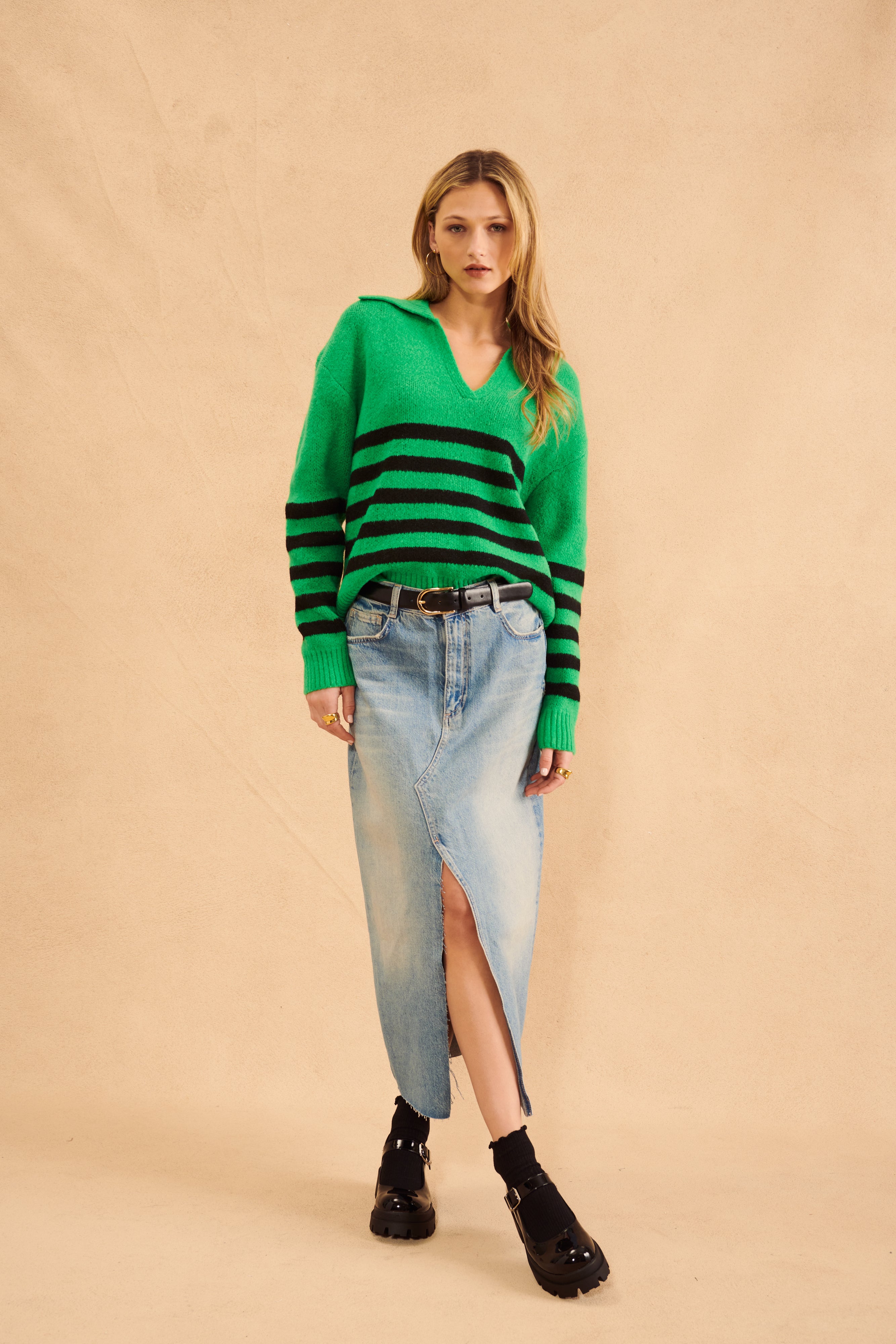 JAMESON STRIPED JOHNNY COLLAR SWEATER