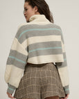 STRIPED CABLE KNIT TURTLENECK SWEATER