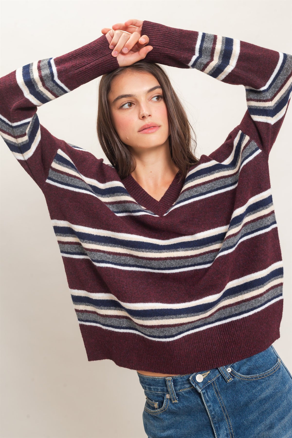 STRIPED OVERSIZE V-NECK SWEATER
