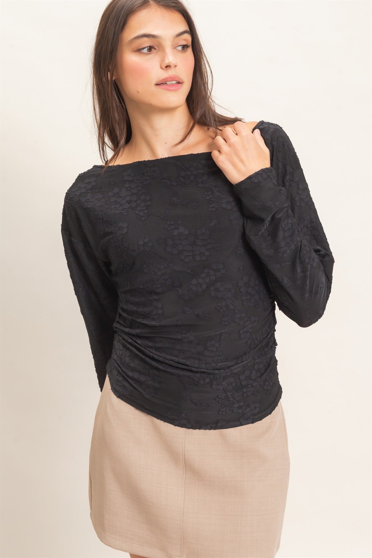 SHEER LACE BOATNECK TOP