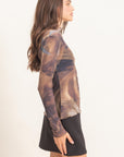 MARBLED RUFFLE NECK MESH TOP