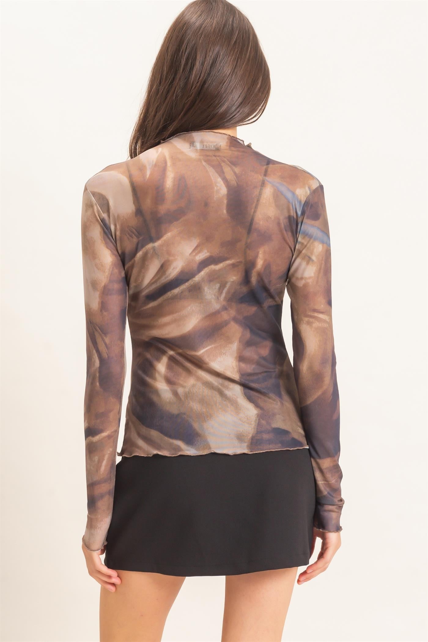 MARBLED RUFFLE NECK MESH TOP