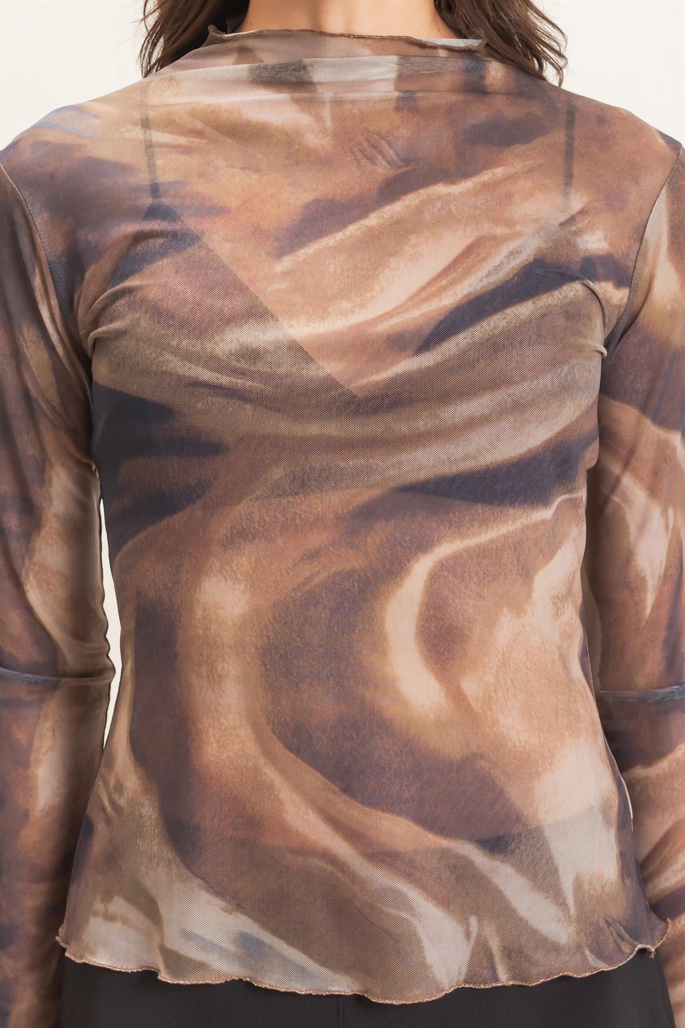 MARBLED RUFFLE NECK MESH TOP
