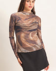 MARBLED RUFFLE NECK MESH TOP