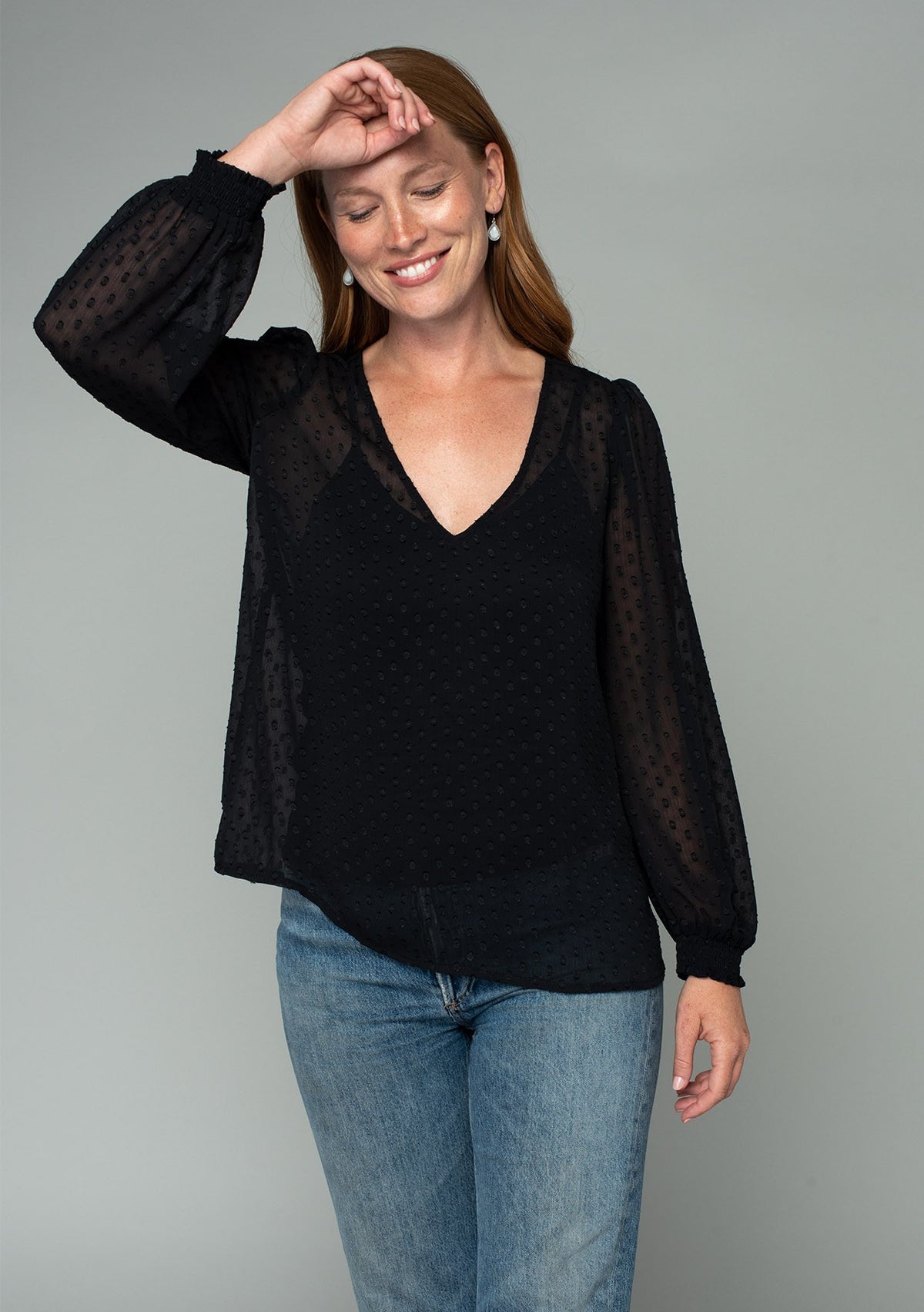 SWISS DOT SHEER V-NECK BLOUSE
