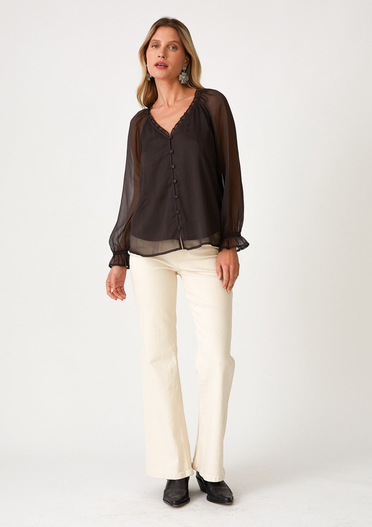 RUFFLE NECK SHEER BLOUSE